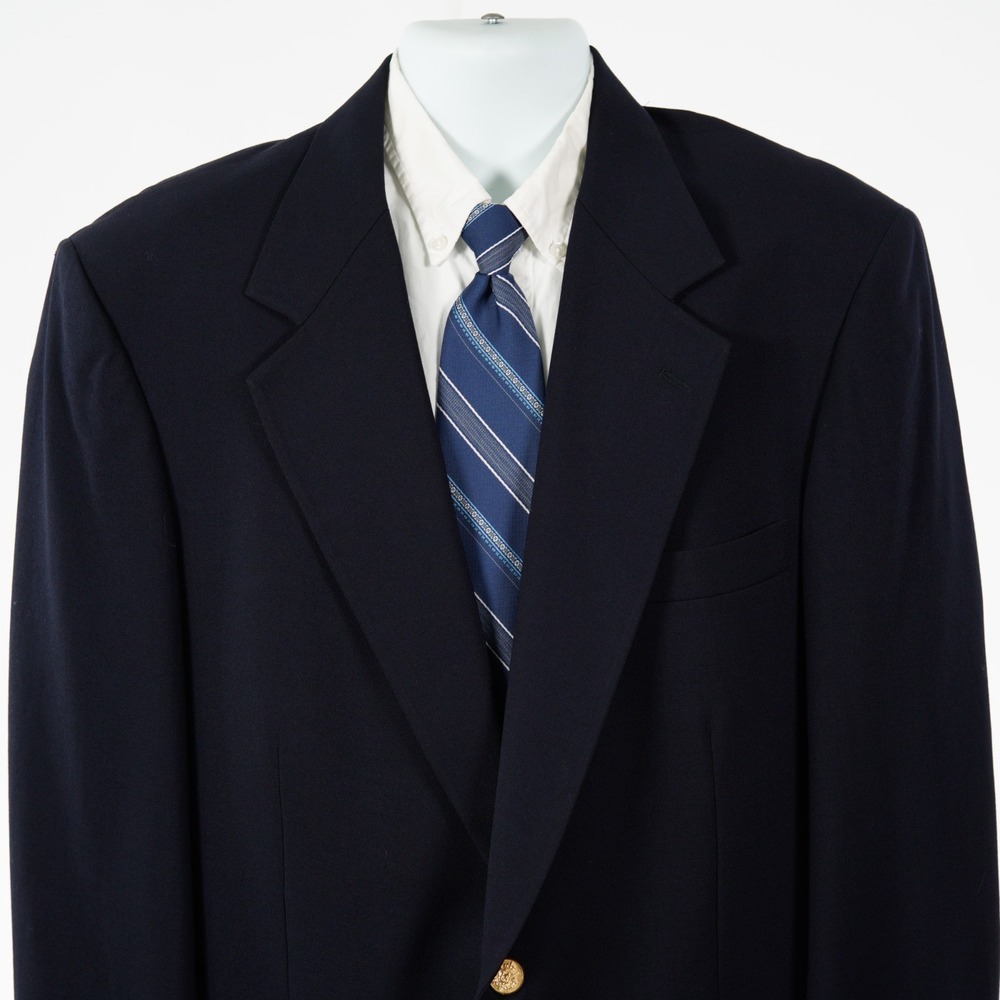 DAMAGED Tailors Row Deansgate Worsted Wool Blue Gold Button Blazer 42R Tag 44S